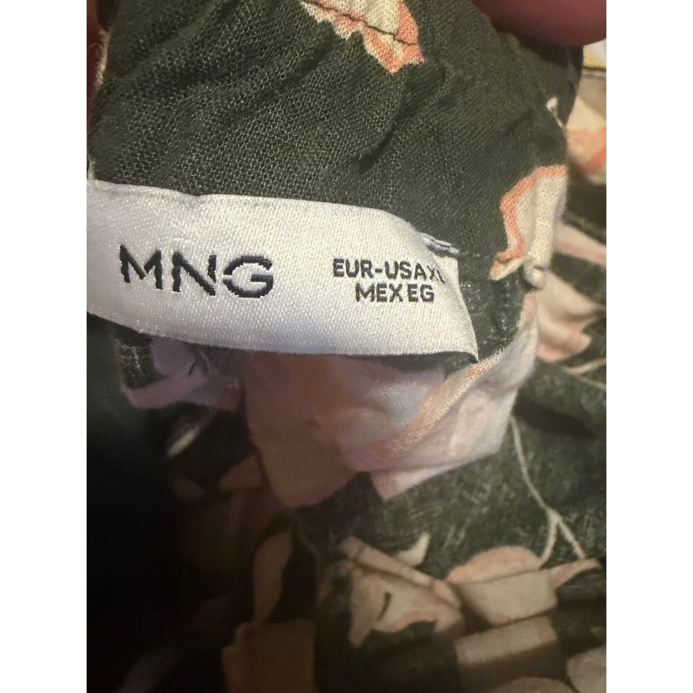 Mango MNG Floral Linen Blend Tapered Pants Green Peach XL High Waist Trousers